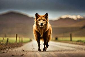 uma cachorro caminhando em uma estrada dentro frente do montanhas. gerado por IA foto