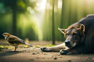 uma cachorro e uma pássaro dentro a floresta. gerado por IA foto