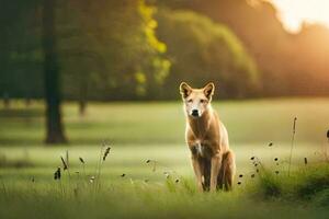 uma cachorro é em pé dentro a Relva às pôr do sol. gerado por IA foto