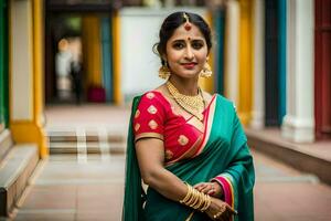 uma mulher dentro uma sari poses para uma foto. gerado por IA foto