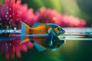 uma peixe natação dentro a água com Rosa flores gerado por IA foto