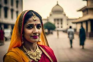 uma mulher dentro tradicional indiano vestuário poses para uma retrato. gerado por IA foto