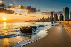 a Sol conjuntos sobre a cidade Horizonte dentro dubai. gerado por IA foto