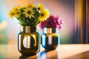 dois vasos com flores dentro eles em uma mesa. gerado por IA foto