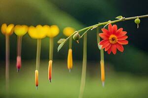 uma flor é suspensão a partir de uma videira com uma amarelo flor. gerado por IA foto