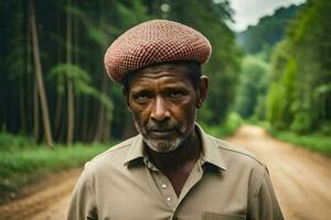 a velho homem vestindo uma vermelho chapéu em uma sujeira estrada. gerado por IA foto