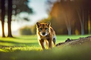 uma tigre caminhando através uma campo. gerado por IA foto