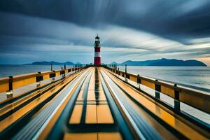 uma grandes exposição foto do uma farol em uma cais. gerado por IA