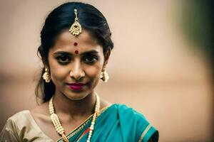uma lindo indiano mulher vestindo uma sári. gerado por IA foto