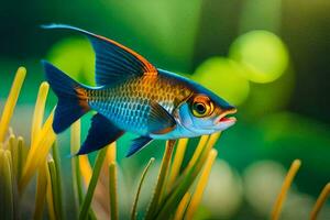 uma peixe com azul e laranja barbatanas é natação dentro a grama. gerado por IA foto