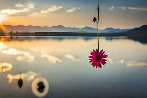 uma flor suspensão a partir de uma corda dentro frente do uma lago. gerado por IA foto