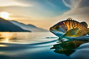 uma peixe natação dentro a água às pôr do sol. gerado por IA foto