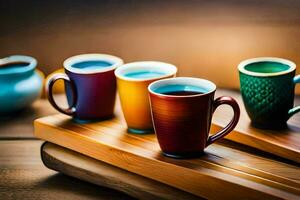 cinco colorida café copos em uma de madeira bandeja. gerado por IA foto