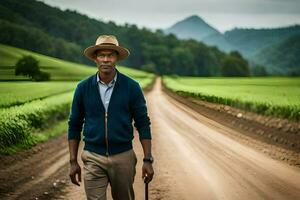 uma homem dentro uma chapéu e Jaqueta caminhando baixa uma sujeira estrada. gerado por IA foto