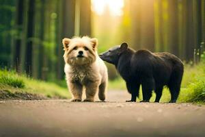 dois cachorros em pé em uma estrada dentro a madeiras. gerado por IA foto