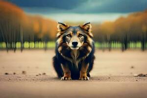 uma cachorro é sentado em a terra dentro frente do árvores gerado por IA foto