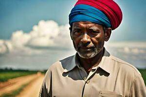 uma homem vestindo uma turbante em uma sujeira estrada. gerado por IA foto