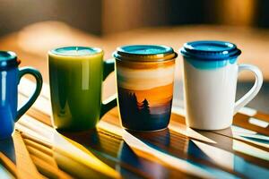 quatro colorida café canecas forrado acima em uma mesa. gerado por IA foto