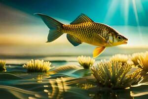 uma peixe natação dentro a oceano com alguns plantas. gerado por IA foto