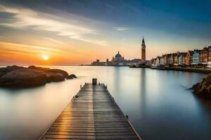 a pôr do sol sobre Veneza, Itália. gerado por IA foto