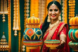 uma mulher dentro tradicional indiano vestuário segurando uma Panela. gerado por IA foto