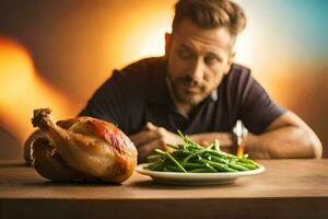 uma homem senta às uma mesa com uma prato do verde feijões e uma assado frango. gerado por IA foto