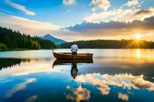 homem dentro uma barco em uma lago às pôr do sol. gerado por IA foto