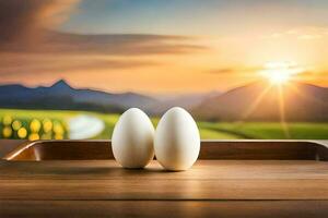 dois ovos em uma mesa dentro frente do uma pôr do sol. gerado por IA foto