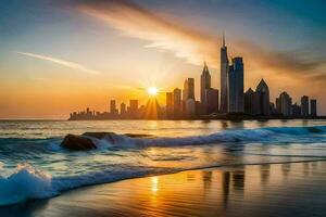 a cidade Horizonte dentro dubai às pôr do sol. gerado por IA foto