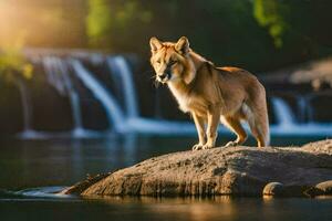 uma Lobo em pé em uma Rocha dentro frente do uma cascata. gerado por IA foto