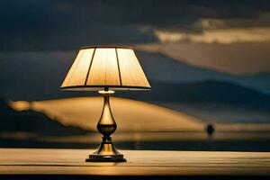 uma luminária em uma mesa dentro frente do uma lago. gerado por IA foto