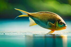 uma peixe é em pé em a água com uma verde fundo. gerado por IA foto