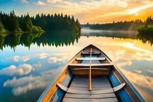 uma barco é flutuando em uma lago às pôr do sol. gerado por IA foto