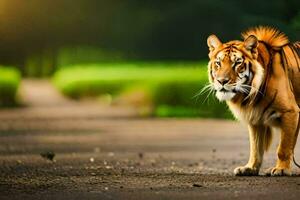 uma tigre é caminhando em a estrada. gerado por IA foto