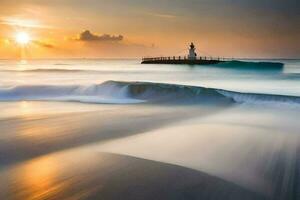 uma farol dentro a oceano às pôr do sol. gerado por IA foto