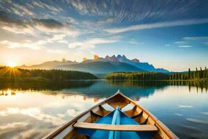 a barco é em a lago às pôr do sol. gerado por IA foto