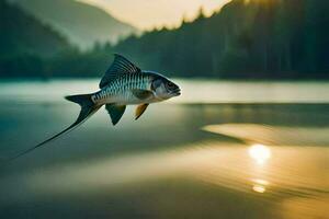 uma peixe é vôo sobre uma lago às pôr do sol. gerado por IA foto