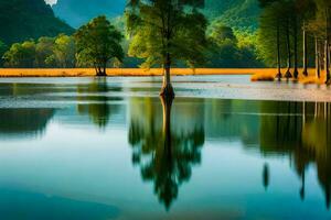 uma lago com árvores e montanhas dentro a fundo. gerado por IA foto