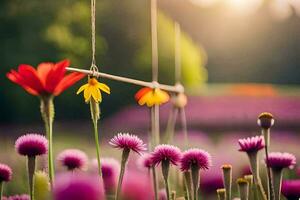 flores dentro uma campo com uma corda suspensão a partir de eles. gerado por IA foto