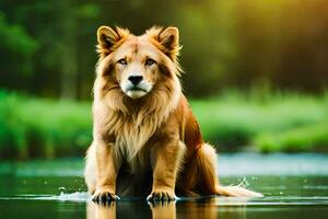 uma dourado cachorro sentado dentro a água. gerado por IA foto