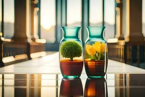 dois vasos com plantas dentro eles em uma mesa. gerado por IA foto