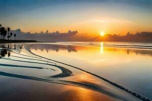 a Sol conjuntos sobre a oceano e a de praia. gerado por IA foto