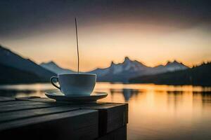 uma copo do café em a Beira do uma lago às pôr do sol. gerado por IA foto