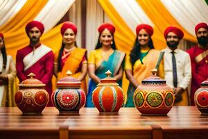 indiano Casamento cerimônia com colorida potes. gerado por IA foto