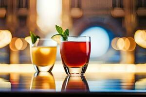 dois óculos do bebidas com uma guarnição, enfeite, adorno em uma mesa. gerado por IA foto