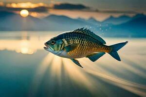 uma peixe é vôo sobre a água às pôr do sol. gerado por IA foto