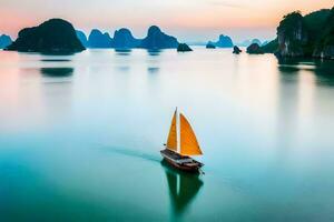 uma barco a vela dentro a oceano às pôr do sol. gerado por IA foto