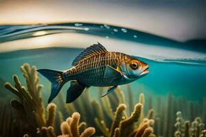 uma peixe natação dentro a oceano com coral. gerado por IA foto