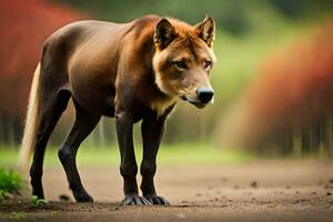 uma Castanho cachorro é em pé em uma sujeira estrada. gerado por IA foto