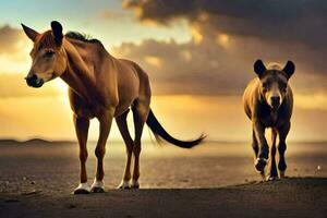 dois cavalos estão caminhando em a de praia às pôr do sol. gerado por IA foto